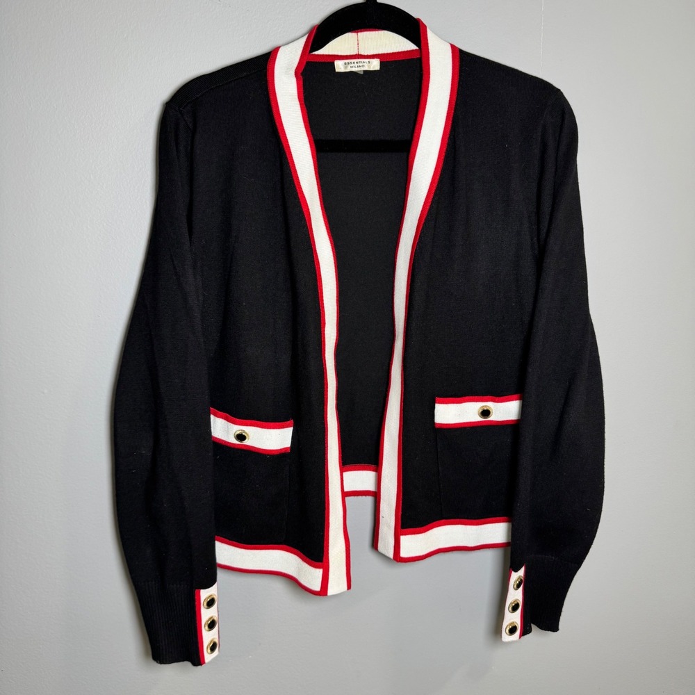 Essentials Milano Black Red White Open Front Cardigan Gold Button Trim Large
